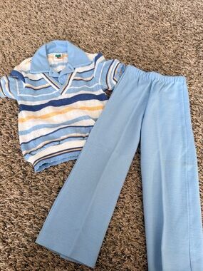 Vintage Light Blue Kids Knit Sweatpants & Striped Polo Set